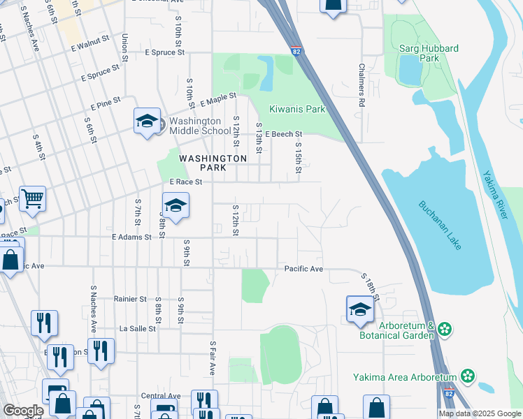 map of restaurants, bars, coffee shops, grocery stores, and more near 2 South 13th Street in Yakima