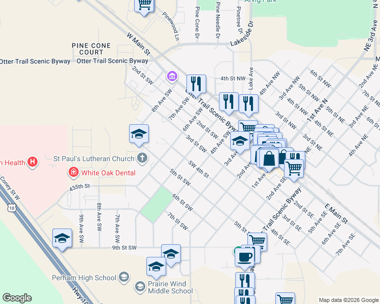map of restaurants, bars, coffee shops, grocery stores, and more near 357 5th Avenue Southwest in Perham