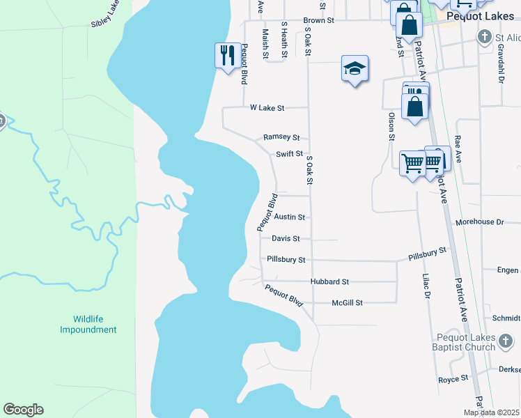 map of restaurants, bars, coffee shops, grocery stores, and more near 30437 Pequot Boulevard in Pequot Lakes