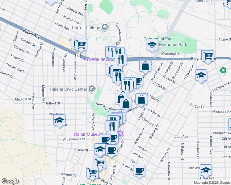 map of restaurants, bars, coffee shops, grocery stores, and more near 115 W 13th St in Helena