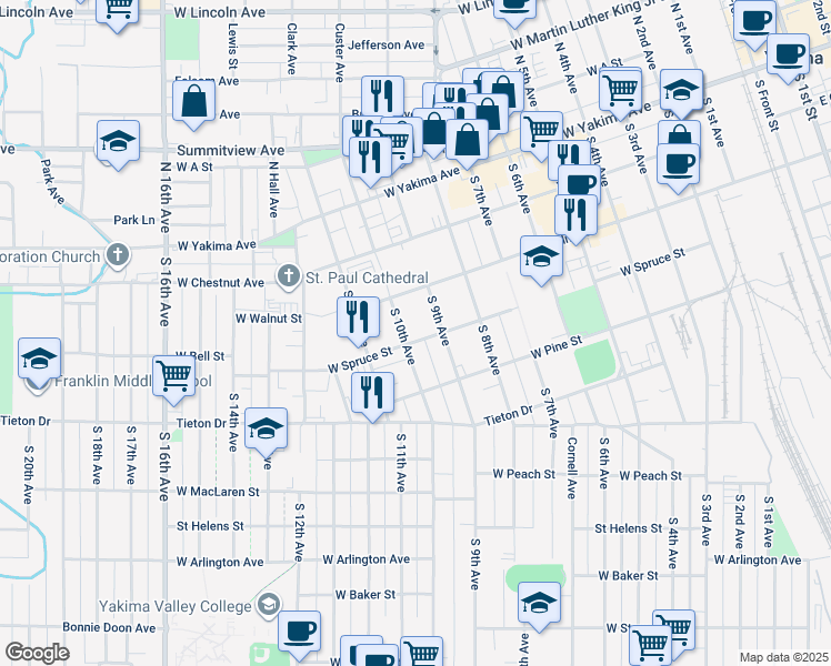 map of restaurants, bars, coffee shops, grocery stores, and more near 301 South 10th Avenue in Yakima