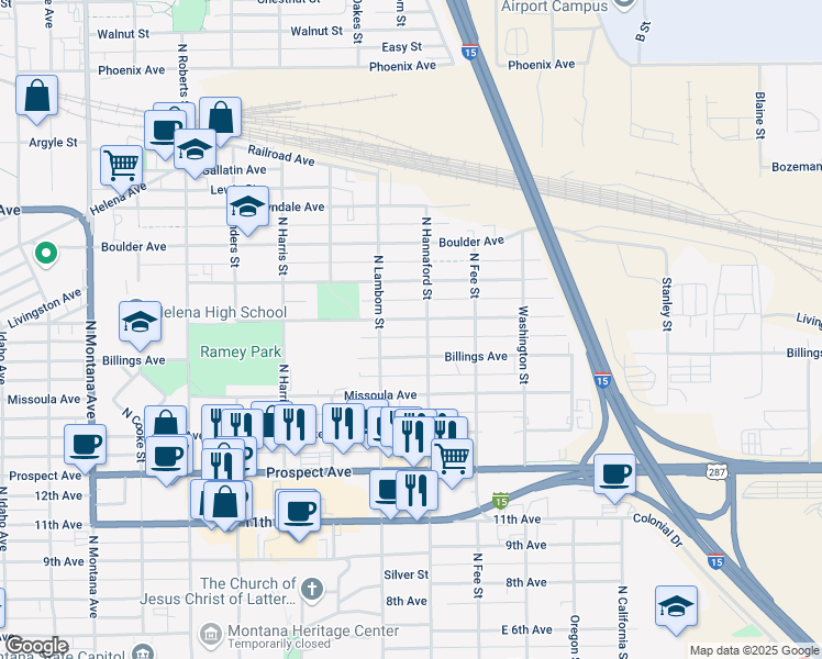 map of restaurants, bars, coffee shops, grocery stores, and more near 1826 Billings Avenue in Helena