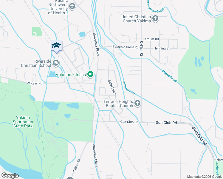 map of restaurants, bars, coffee shops, grocery stores, and more near Sunrise Glory Avenue in Yakima