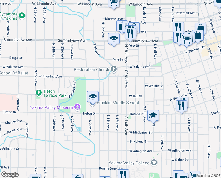map of restaurants, bars, coffee shops, grocery stores, and more near 1707 West Bell Street in Yakima