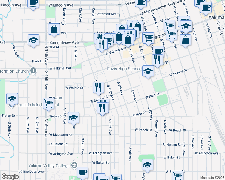 map of restaurants, bars, coffee shops, grocery stores, and more near 301 South 10th Avenue in Yakima