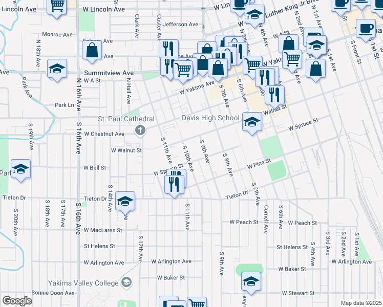 map of restaurants, bars, coffee shops, grocery stores, and more near 301 South 10th Avenue in Yakima