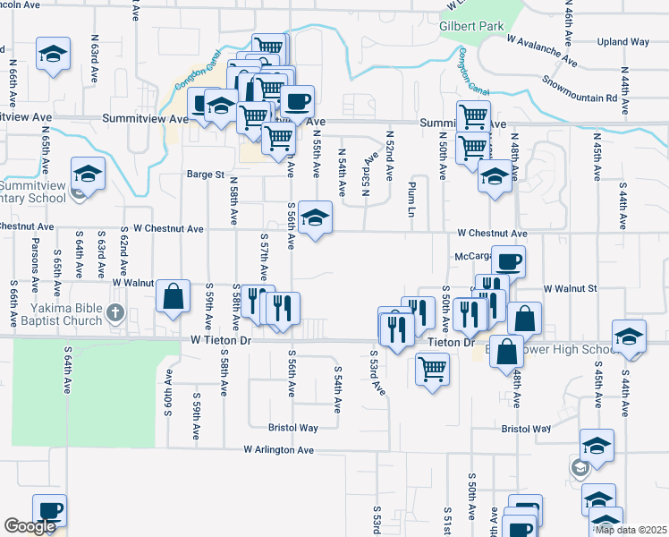 map of restaurants, bars, coffee shops, grocery stores, and more near 5201 Tieton Drive in Yakima