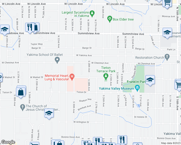 map of restaurants, bars, coffee shops, grocery stores, and more near 213 South 28th Avenue in Yakima