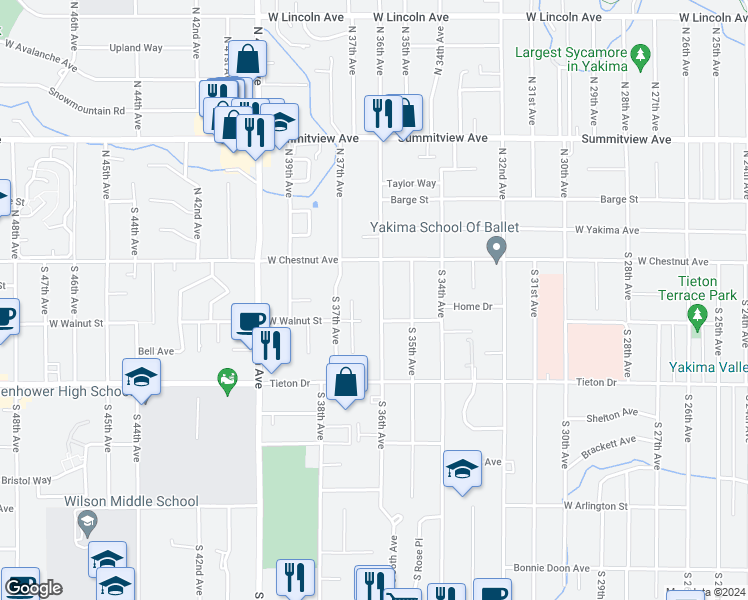 map of restaurants, bars, coffee shops, grocery stores, and more near 212 South 36th Avenue in Yakima