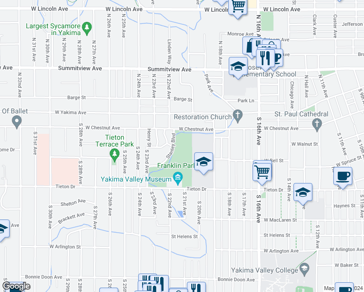 map of restaurants, bars, coffee shops, grocery stores, and more near 299 Stanley Boulevard in Yakima