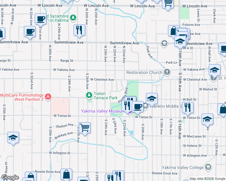 map of restaurants, bars, coffee shops, grocery stores, and more near 299 Henry Street in Yakima