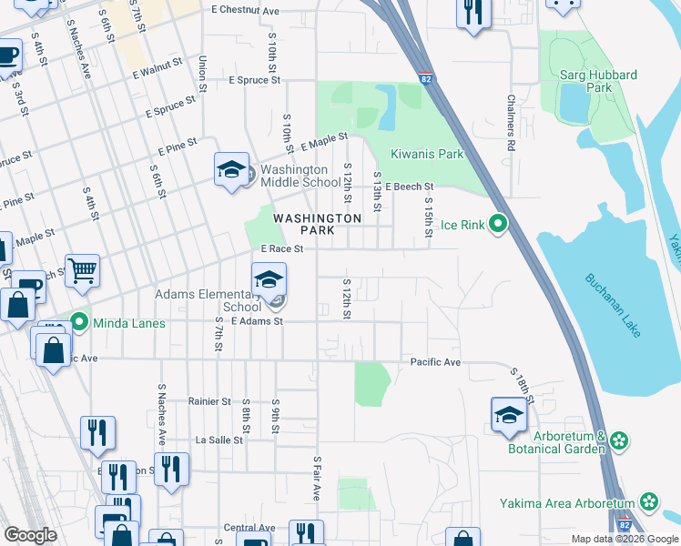 map of restaurants, bars, coffee shops, grocery stores, and more near 725 South Fair Avenue in Yakima