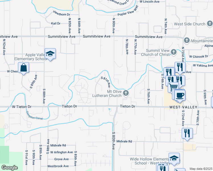 map of restaurants, bars, coffee shops, grocery stores, and more near 241 Joyce Place in Yakima