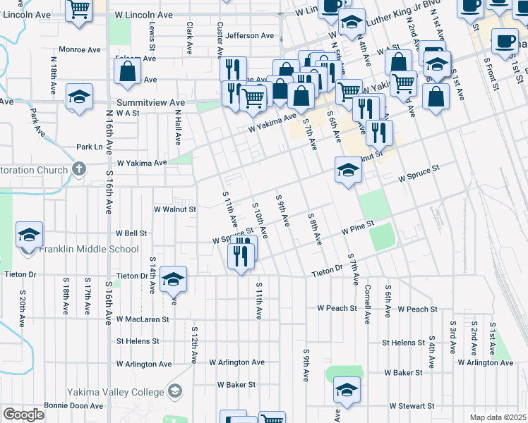 map of restaurants, bars, coffee shops, grocery stores, and more near 209 South 10th Avenue in Yakima