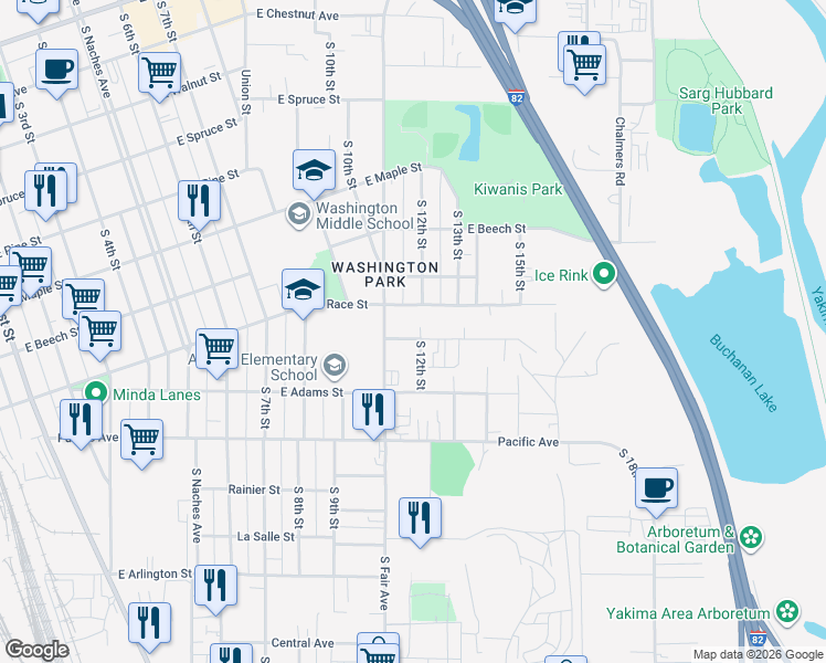 map of restaurants, bars, coffee shops, grocery stores, and more near 725 South Fair Avenue in Yakima