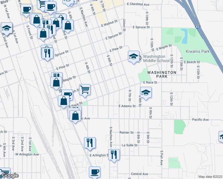 map of restaurants, bars, coffee shops, grocery stores, and more near 606 S 6th St in Yakima