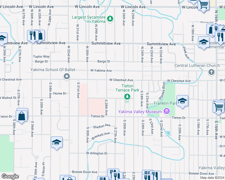 map of restaurants, bars, coffee shops, grocery stores, and more near 2608 West Chestnut Avenue in Yakima