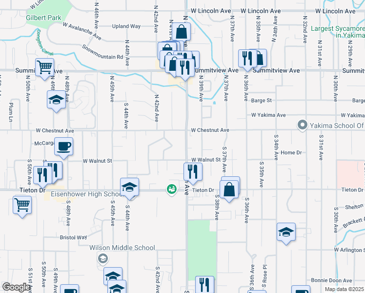 map of restaurants, bars, coffee shops, grocery stores, and more near 210 South 40th Avenue in Yakima