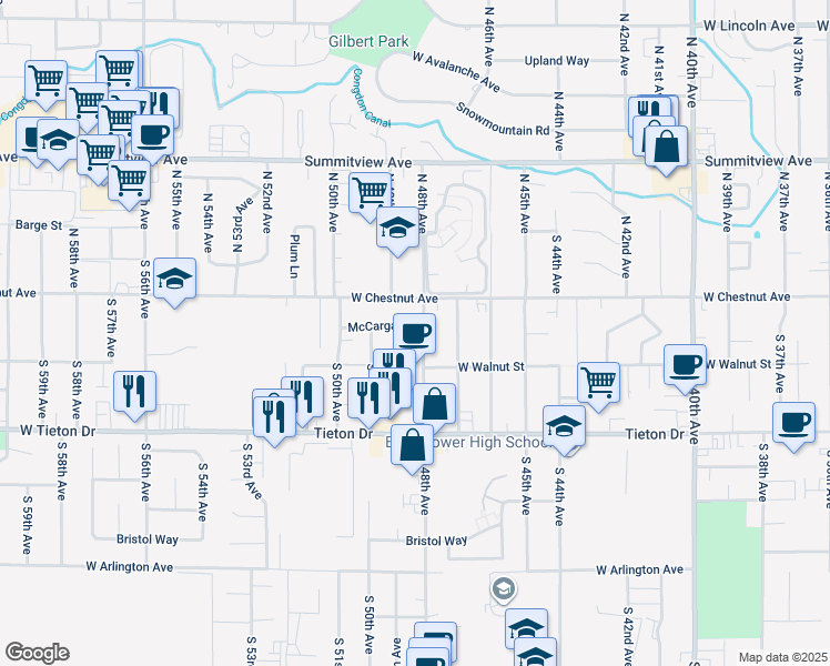 map of restaurants, bars, coffee shops, grocery stores, and more near 4802 McCargar Street in Yakima