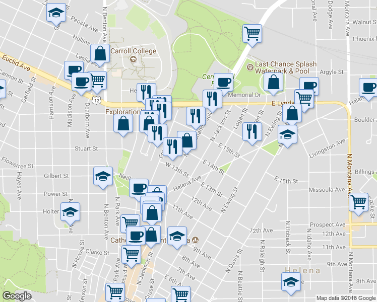 map of restaurants, bars, coffee shops, grocery stores, and more near 800 North Main Street in Helena