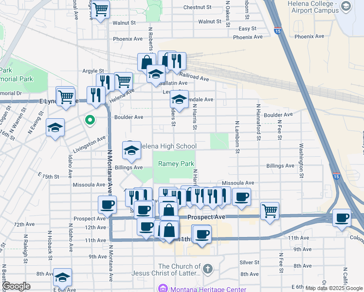 map of restaurants, bars, coffee shops, grocery stores, and more near 1514 Townsend Avenue in Helena