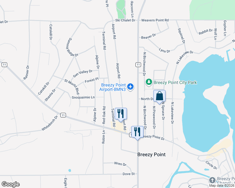 map of restaurants, bars, coffee shops, grocery stores, and more near 30505 Airport Road in Pequot Lakes