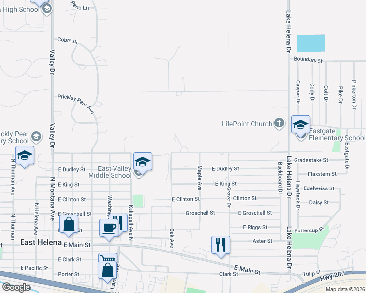 map of restaurants, bars, coffee shops, grocery stores, and more near 1142 East Lewis Street in East Helena