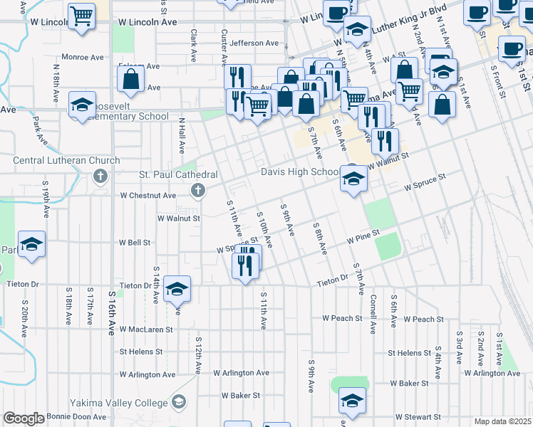 map of restaurants, bars, coffee shops, grocery stores, and more near in Yakima