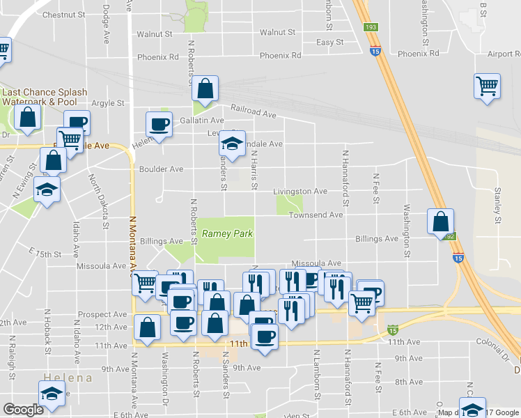 map of restaurants, bars, coffee shops, grocery stores, and more near 1600 Townsend Avenue in Helena