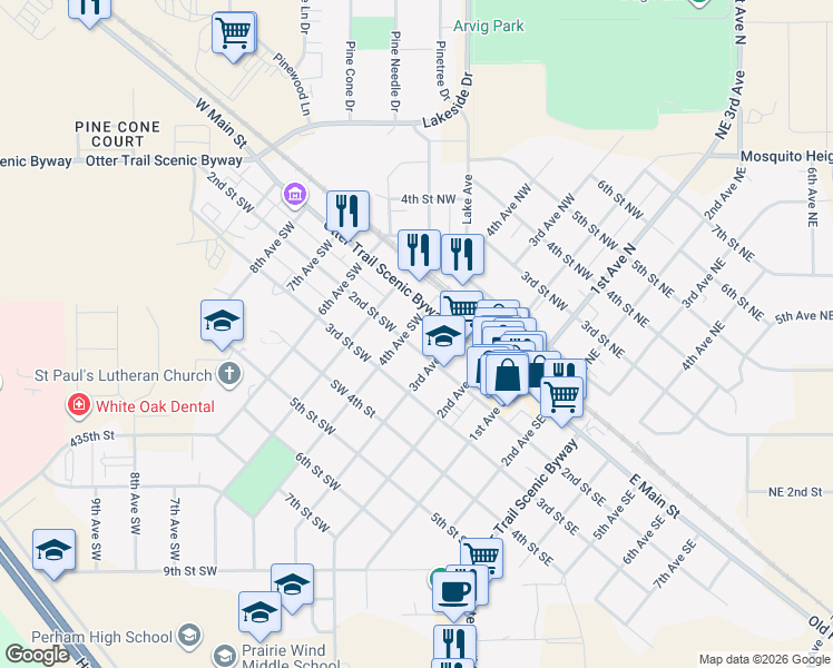 map of restaurants, bars, coffee shops, grocery stores, and more near 137 4th Avenue Southwest in Perham