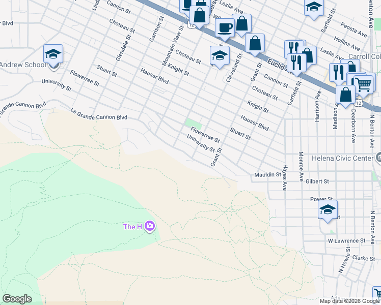 map of restaurants, bars, coffee shops, grocery stores, and more near 600 Cleveland Street in Helena