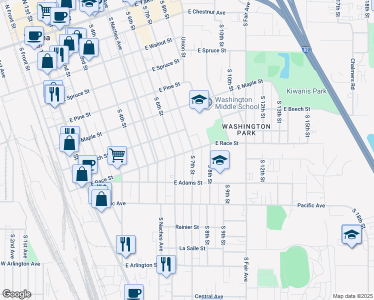 map of restaurants, bars, coffee shops, grocery stores, and more near 610-1/2 S 7th St in Yakima