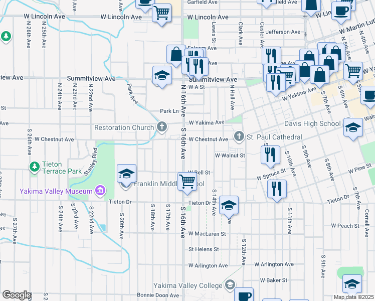 map of restaurants, bars, coffee shops, grocery stores, and more near 204 South 15th Avenue in Yakima