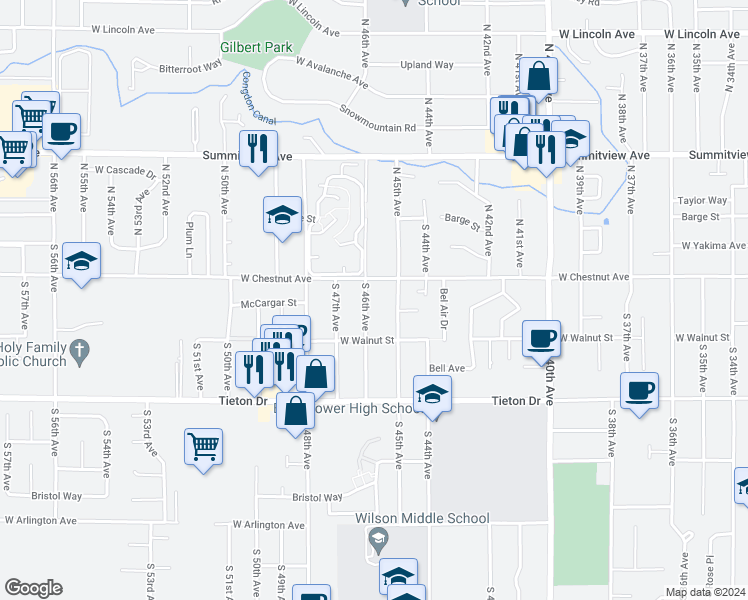 map of restaurants, bars, coffee shops, grocery stores, and more near 205 South 46th Avenue in Yakima
