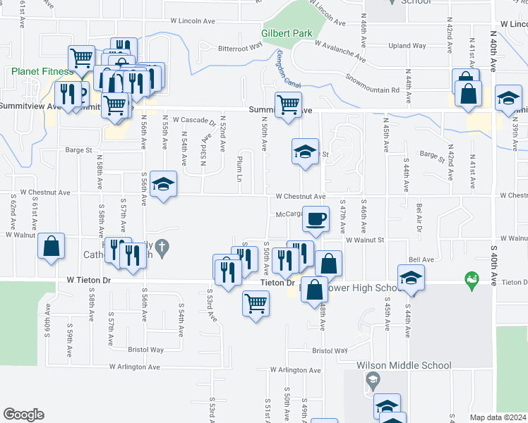 map of restaurants, bars, coffee shops, grocery stores, and more near 208 South 50th Avenue in Yakima