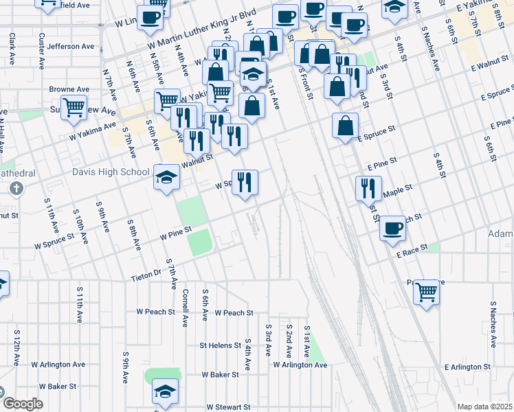 map of restaurants, bars, coffee shops, grocery stores, and more near in Yakima
