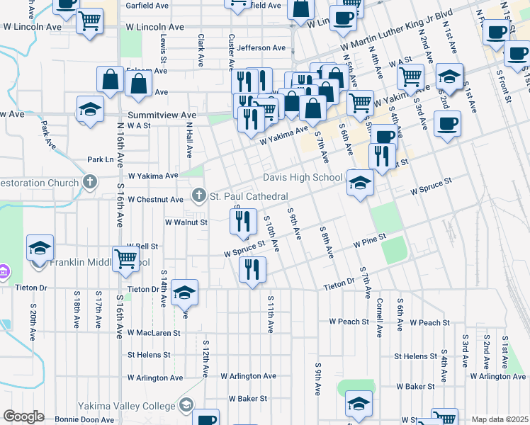 map of restaurants, bars, coffee shops, grocery stores, and more near in Yakima