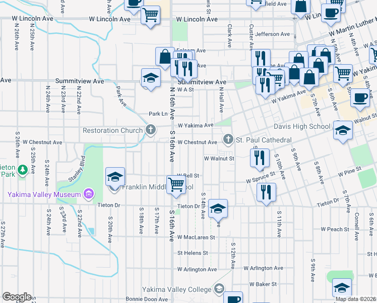 map of restaurants, bars, coffee shops, grocery stores, and more near 204 South 15th Avenue in Yakima