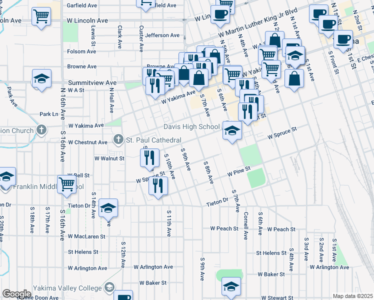 map of restaurants, bars, coffee shops, grocery stores, and more near 206 South 8th Avenue in Yakima
