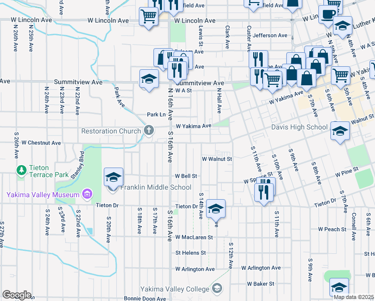 map of restaurants, bars, coffee shops, grocery stores, and more near 204 South 15th Avenue in Yakima