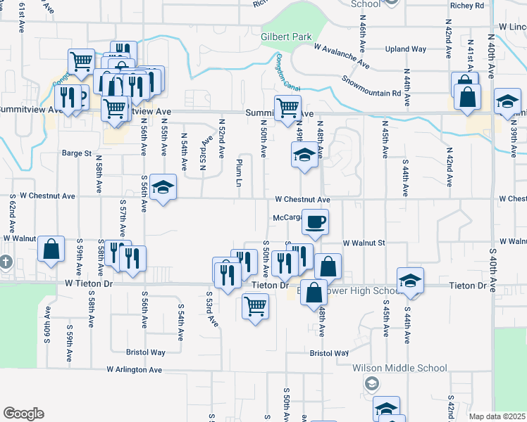 map of restaurants, bars, coffee shops, grocery stores, and more near 202 South 50th Avenue in Yakima
