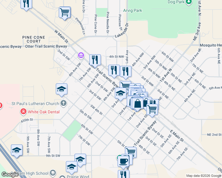 map of restaurants, bars, coffee shops, grocery stores, and more near 137 4th Avenue Southwest in Perham