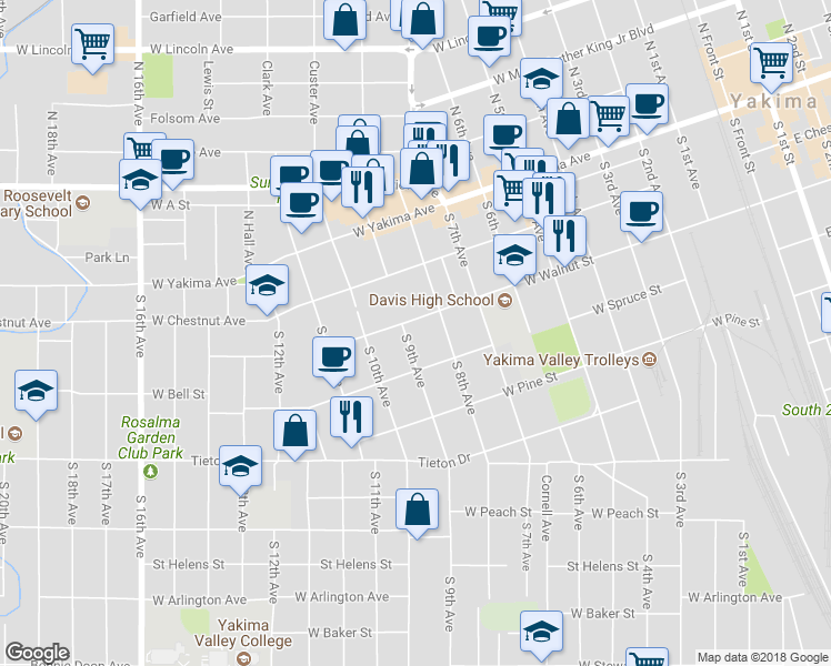 map of restaurants, bars, coffee shops, grocery stores, and more near 206 South 8th Avenue in Yakima