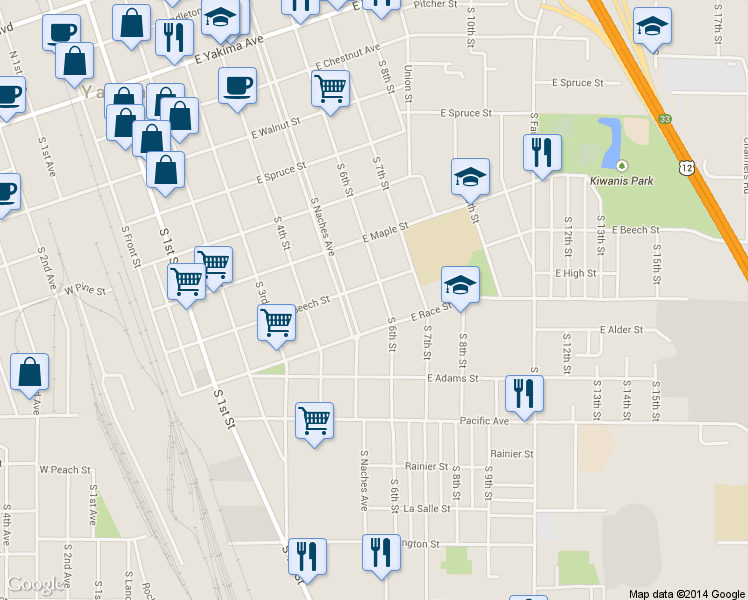 map of restaurants, bars, coffee shops, grocery stores, and more near 606 South 6th Street in Yakima