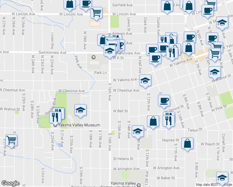 map of restaurants, bars, coffee shops, grocery stores, and more near 204 South 15th Avenue in Yakima