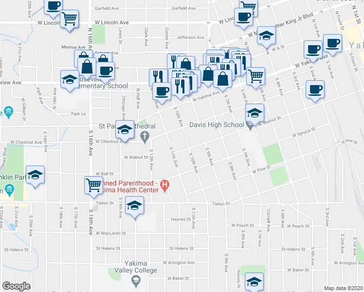 map of restaurants, bars, coffee shops, grocery stores, and more near 1005 West Walnut Street in Yakima