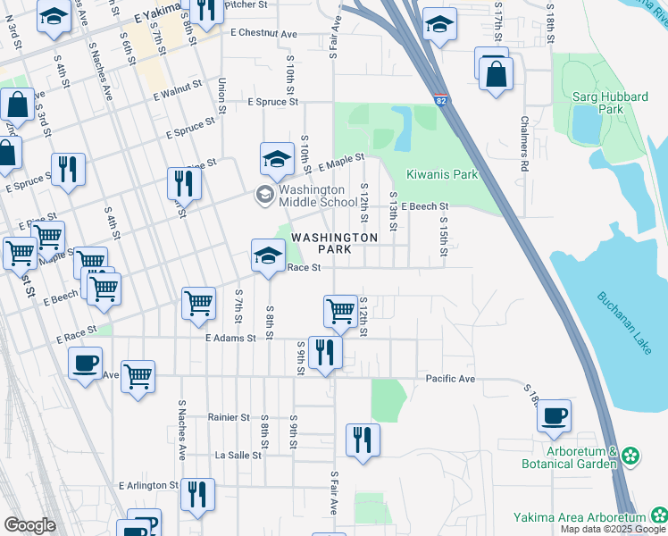 map of restaurants, bars, coffee shops, grocery stores, and more near 999 E Race St in Yakima