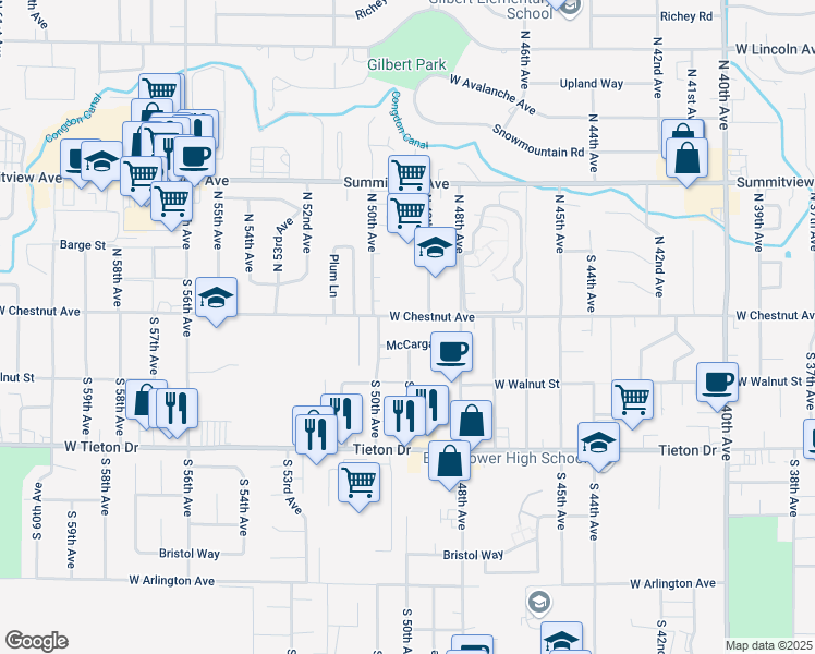 map of restaurants, bars, coffee shops, grocery stores, and more near 4902 West Chestnut Avenue in Yakima