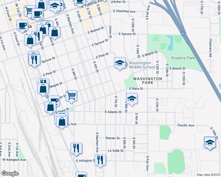 map of restaurants, bars, coffee shops, grocery stores, and more near 610-1/2 S 7th St in Yakima