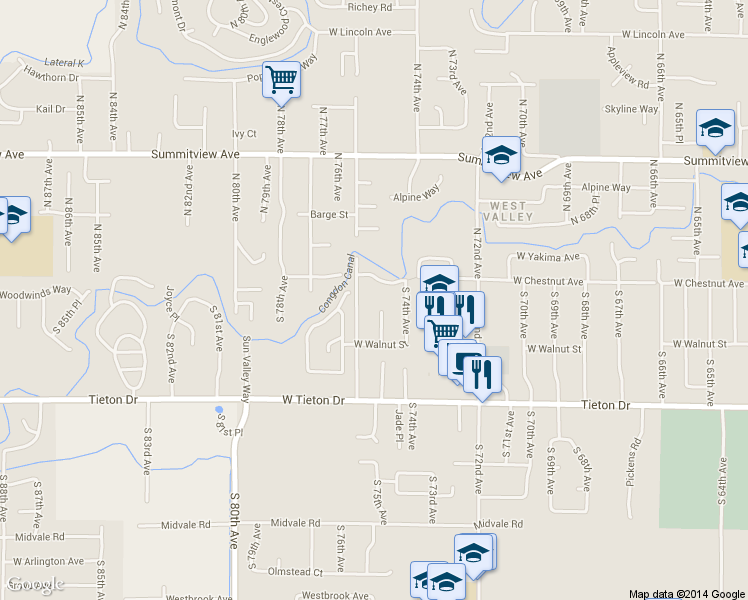 map of restaurants, bars, coffee shops, grocery stores, and more near 202 S 75th Pl in Yakima